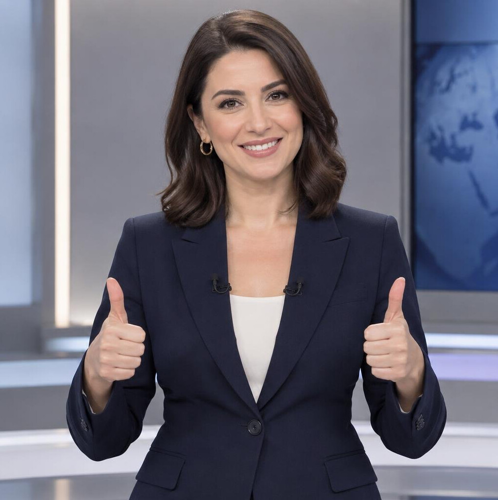 Turkish TV news anchor smiling and giving a thumbs up in a broadcast studio