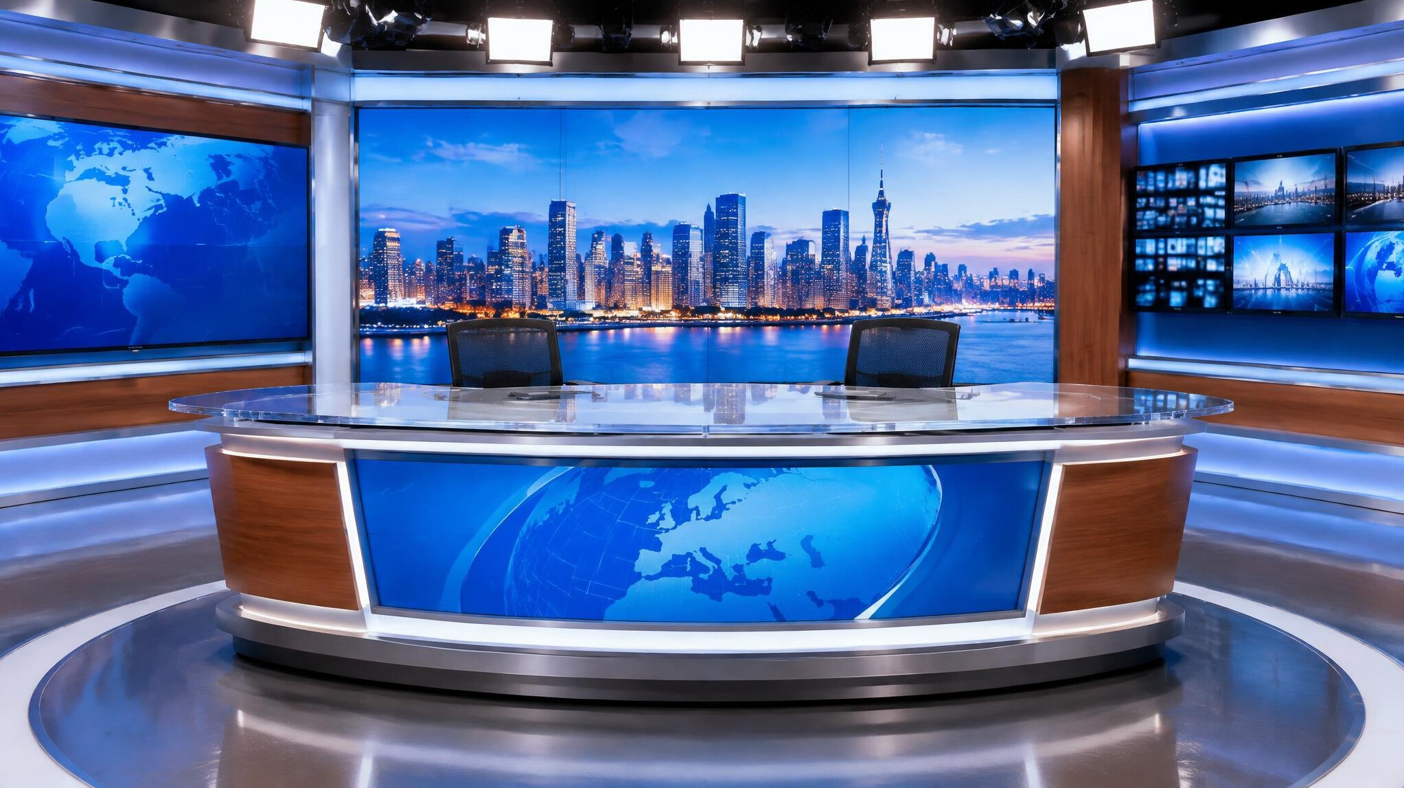 Empty television news anchor desk in a studio with bright lights