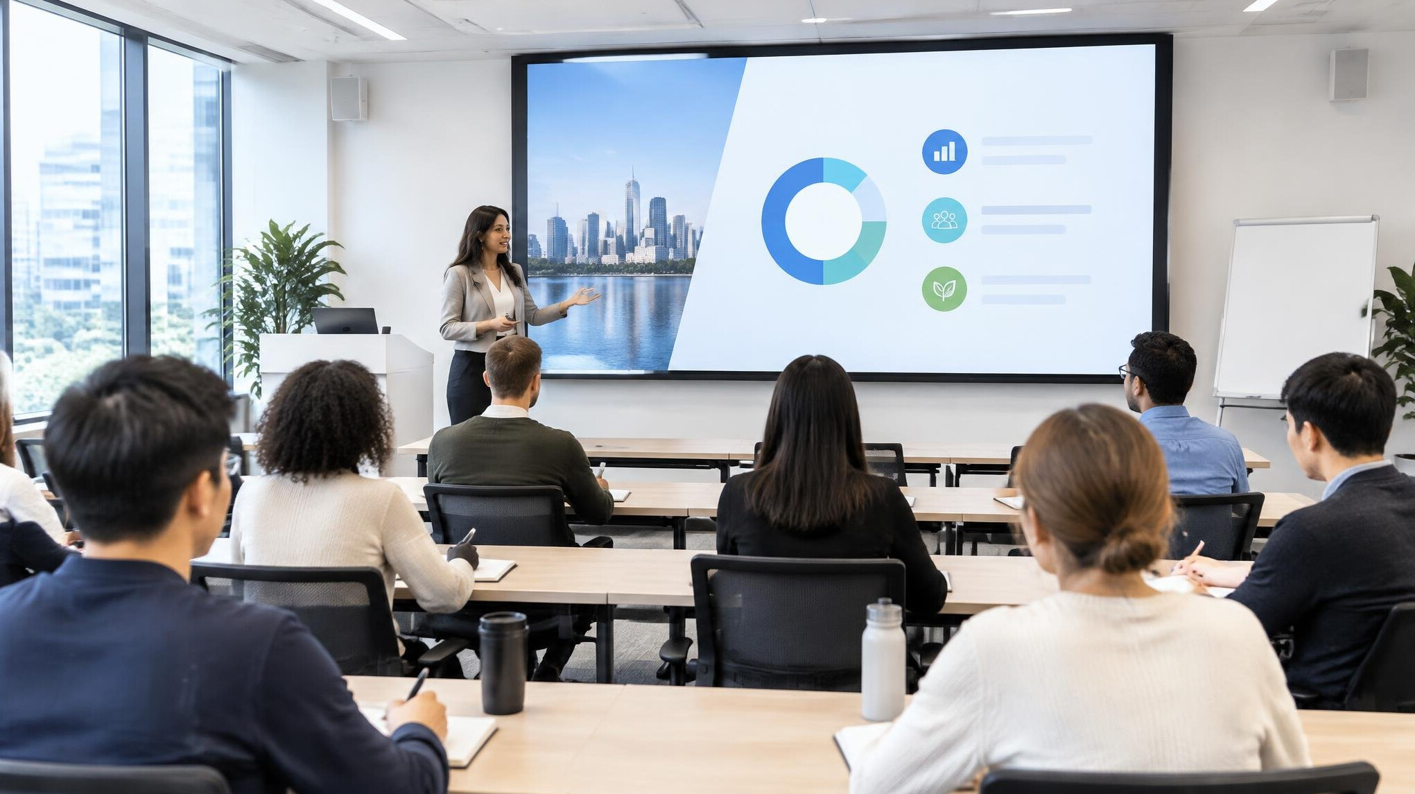 Workshop room with a presentation screen and seated attendees