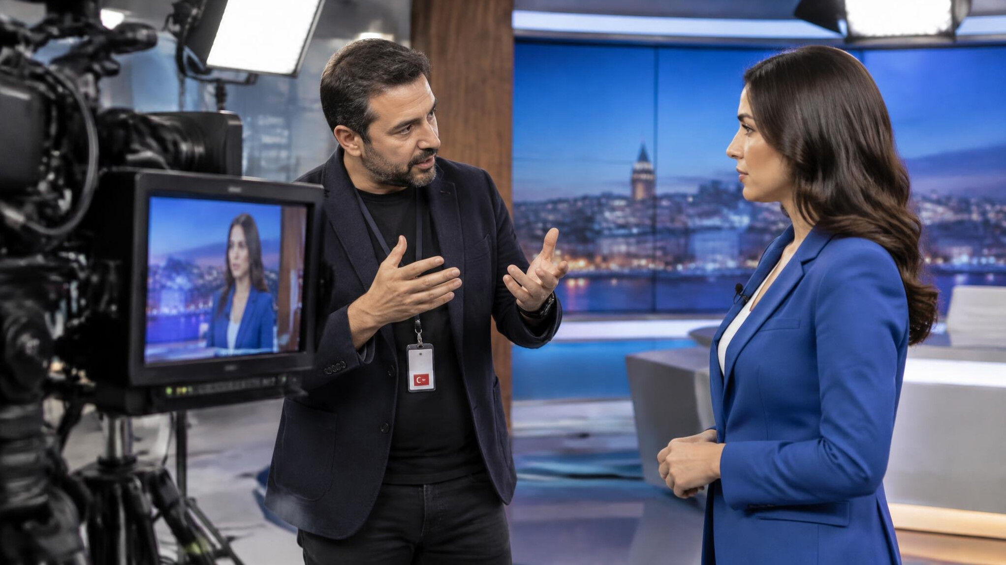 Trainer coaching a television presenter in a studio setting